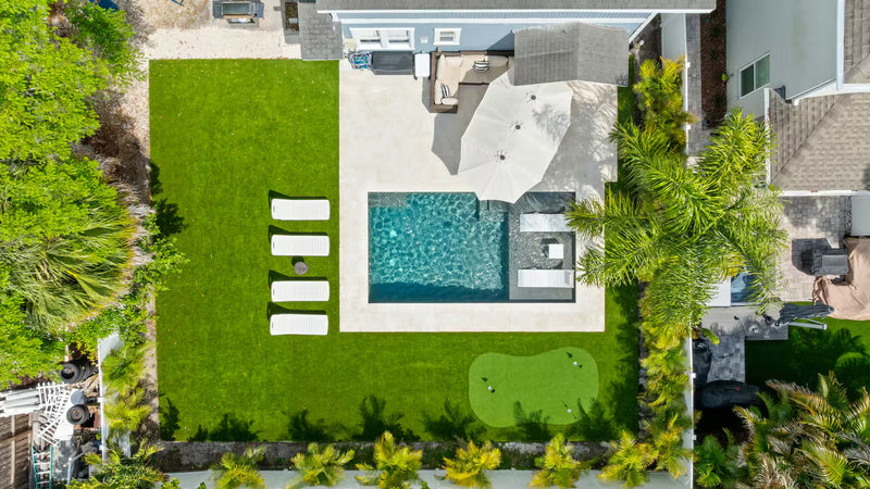 Aerial view of the TurboTropics house with private pool and mini golf in Tampa